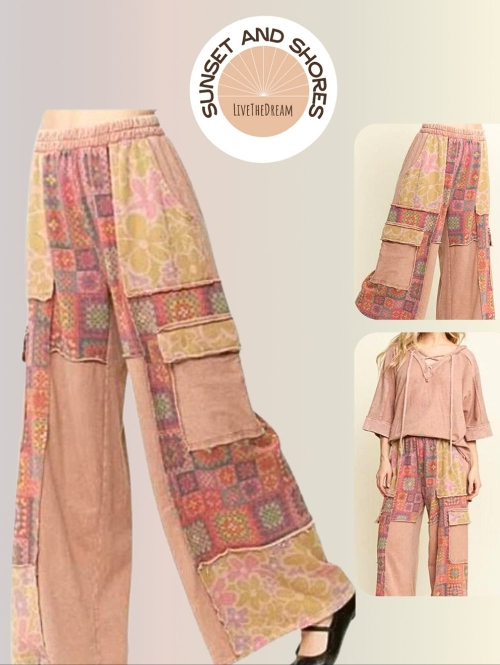 Sunset and Shores Mineral Wash Crochet Floral Pattern Wide Leg Sweat Pants New